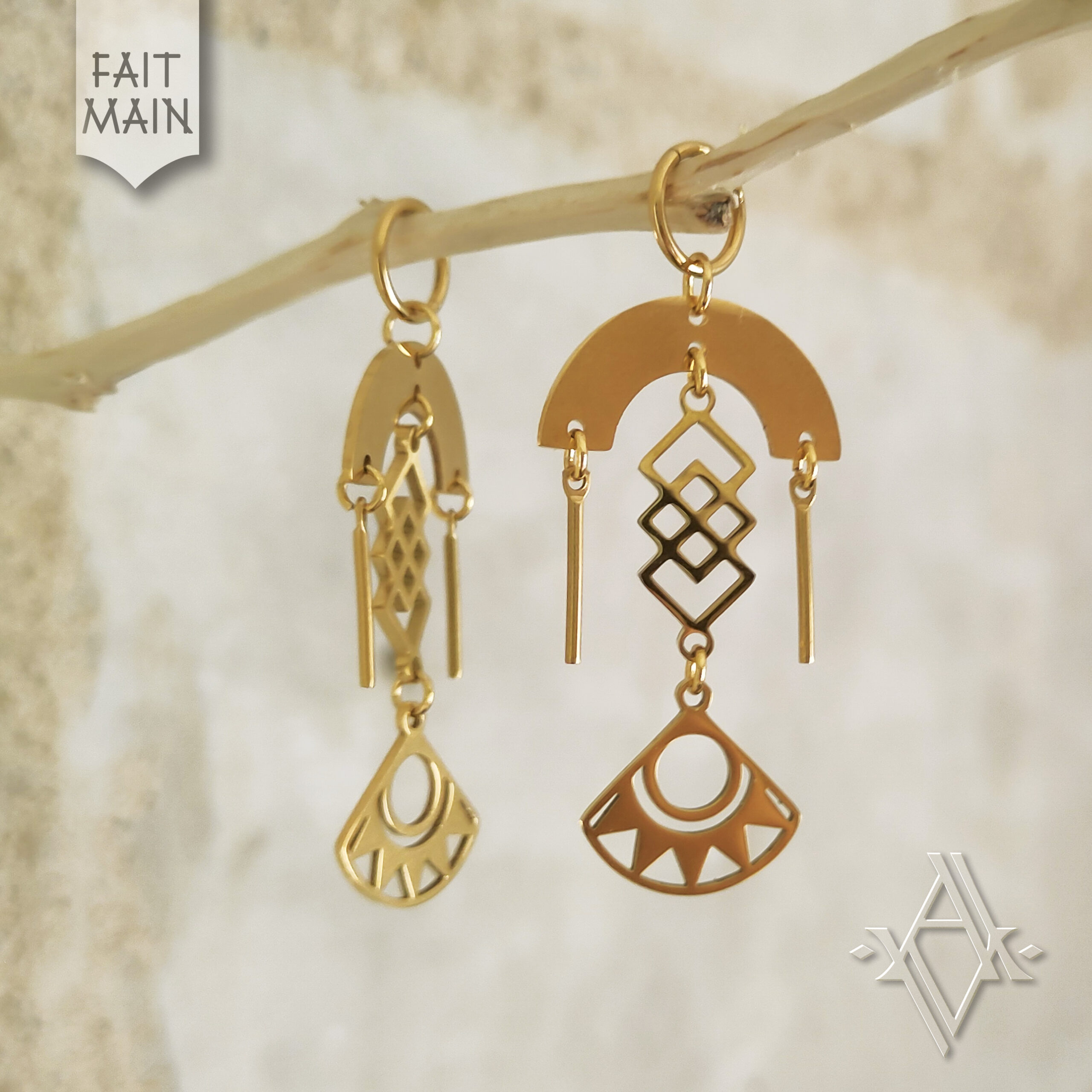 boucle d'oreille inca Qori acier inoxydable doré artefact de vala