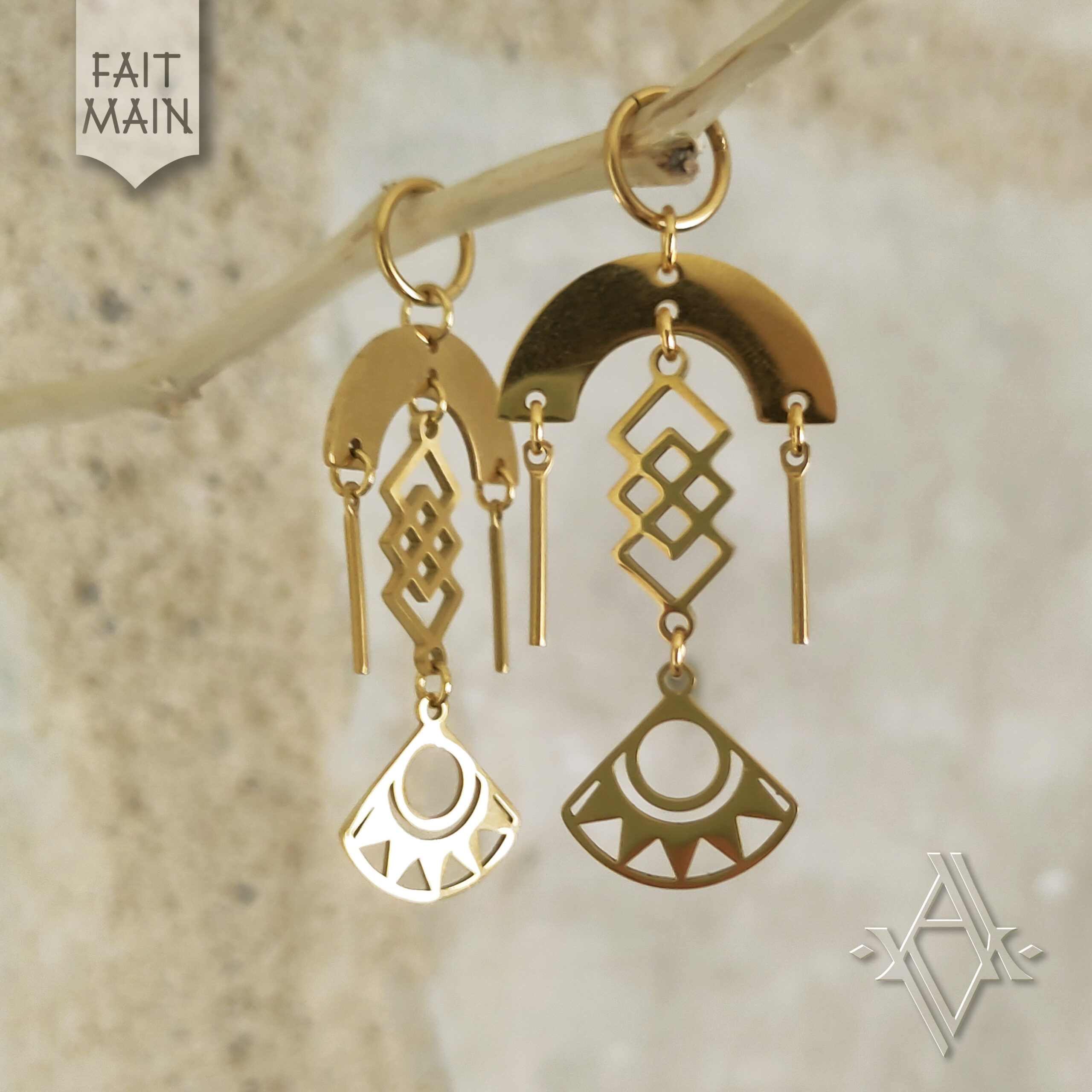 boucle d'oreille inca Qori acier inoxydable doré artefact de vala