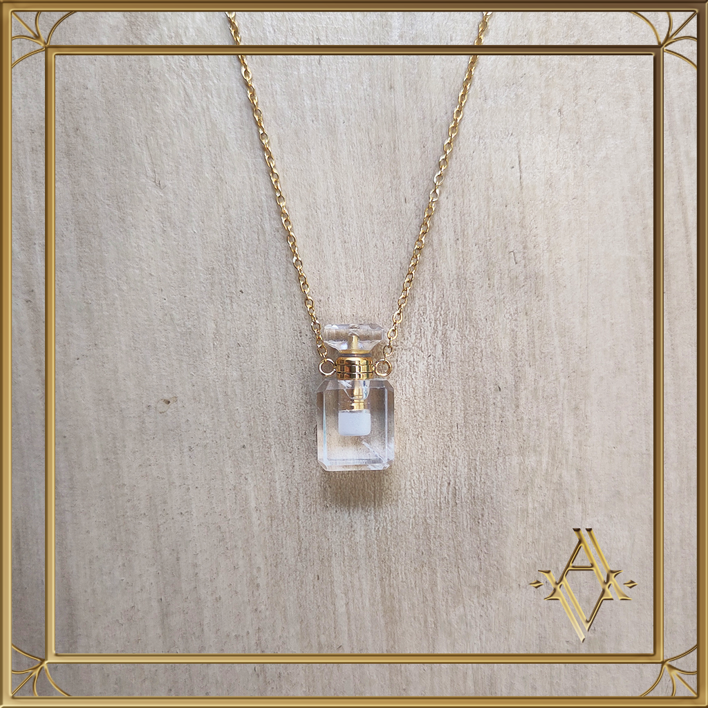 Collier flacon cristal de roche acier inoxydable artefact de vala