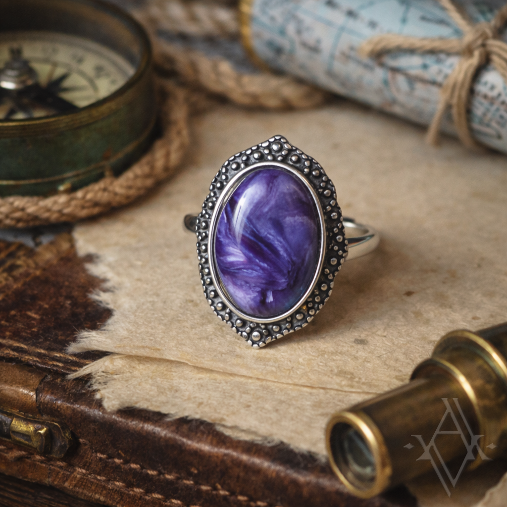 Bague argent 925 charoite reglable artefact de vala