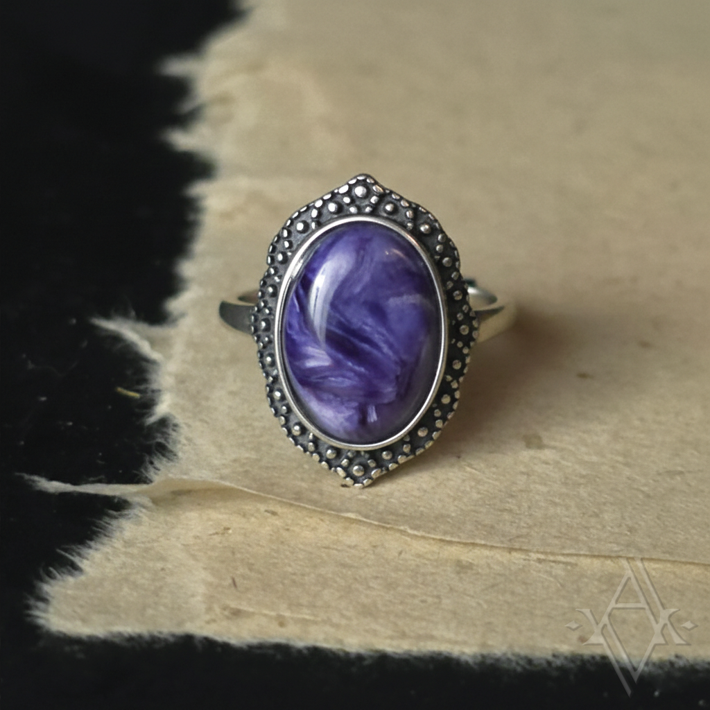 Bague argent 925 charoite reglable artefact de vala