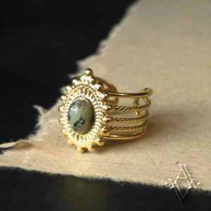 Bague Tassili acier inoxydable doré turquoise africaine artefact de vala