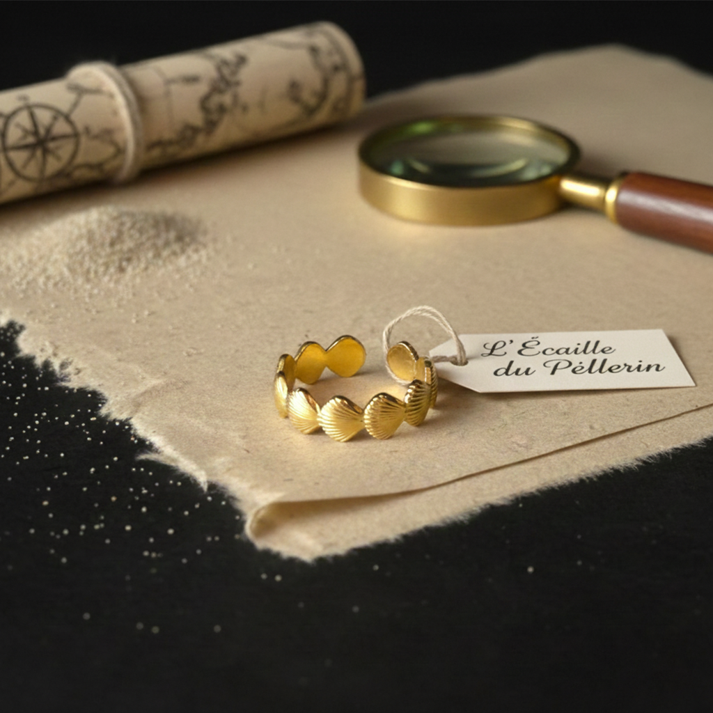Bague L'Écaille du Pèlerin doré acier inoxydable artefact de vala