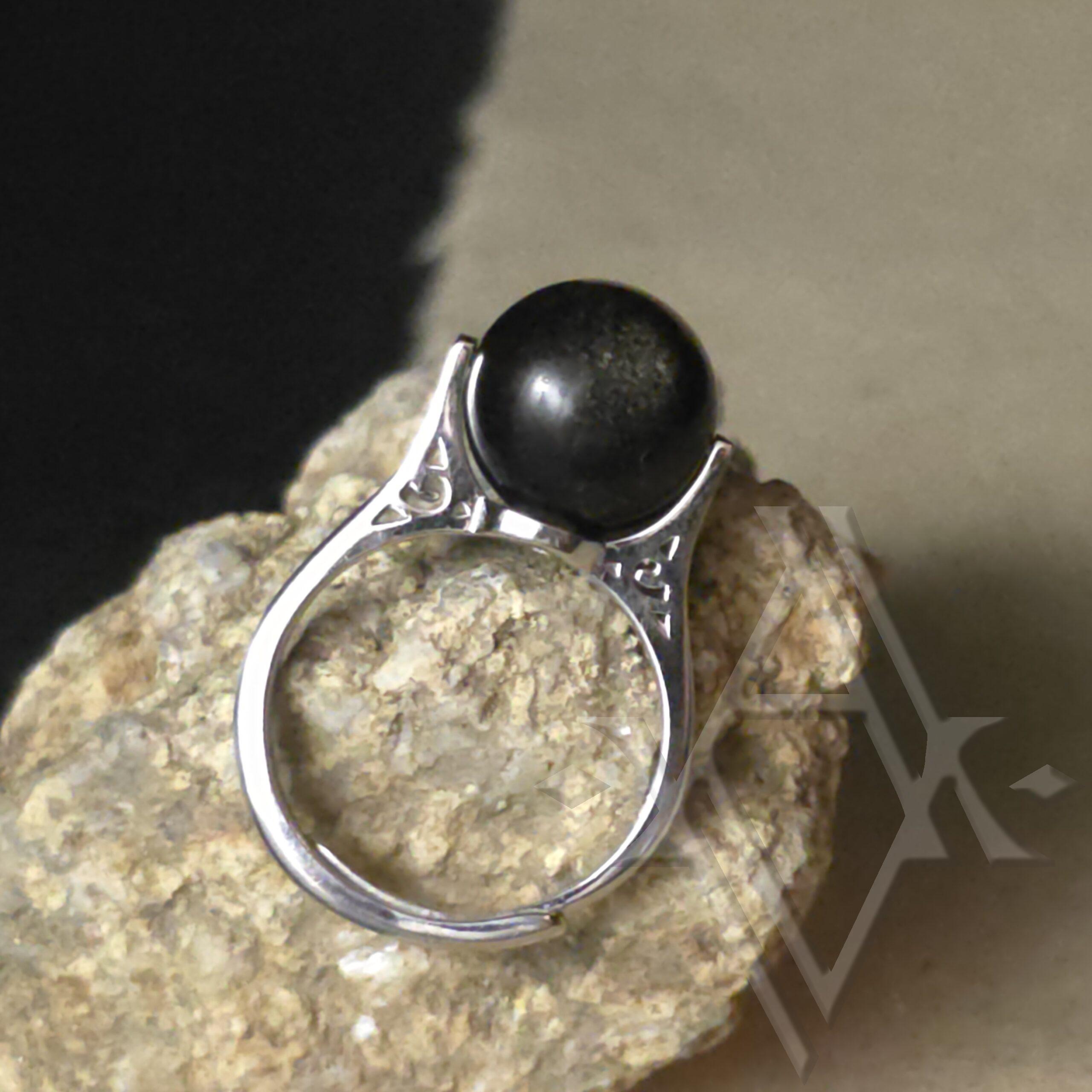 Bague argent 925 obsidienne doré anti-stress reglable artefact de vala