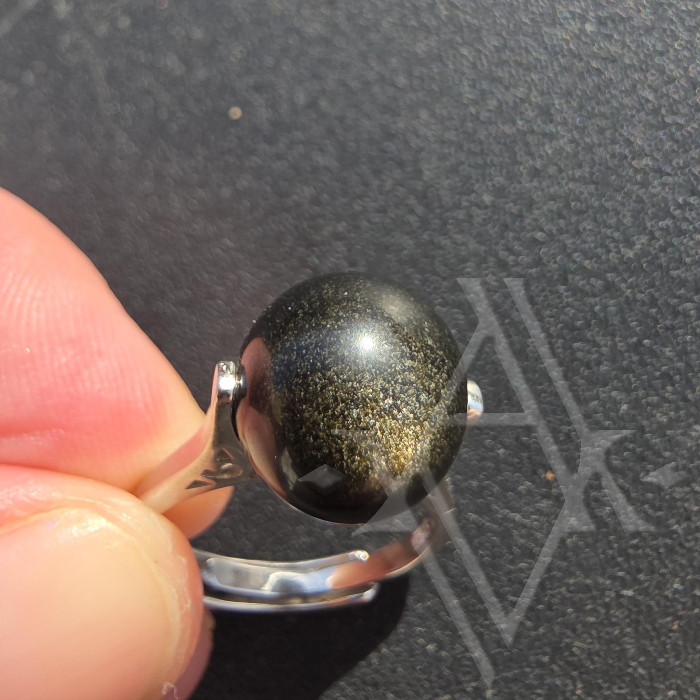 Bague argent 925 obsidienne doré anti-stress reglable artefact de vala