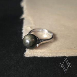 Bague argent 925 obsidienne doré anti-stress reglable artefact de vala